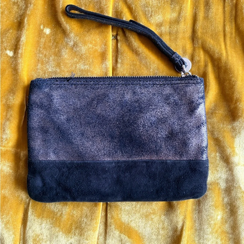 Jigsaw Metallic Pewter and Black Suede Leather Wristlet Zipper Pouch